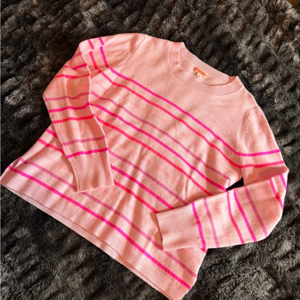 J. Crew Pink Striped Crewneck Cashmere Sweater L